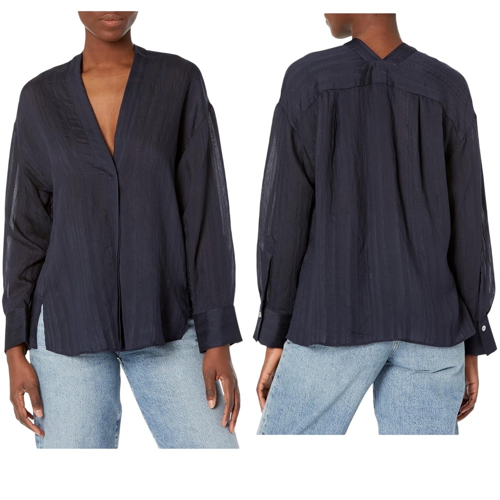 Vince Navy Blue Womens Drapey Stripe V-Neck Blouse V822212614‎ Size Medium